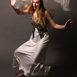 Stunning White satin dress with black lace